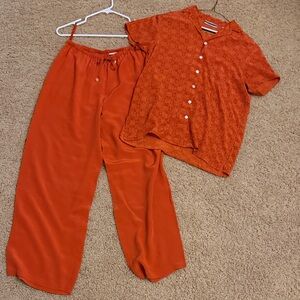 Orange Silk Button-Up Shirt and Pants Set